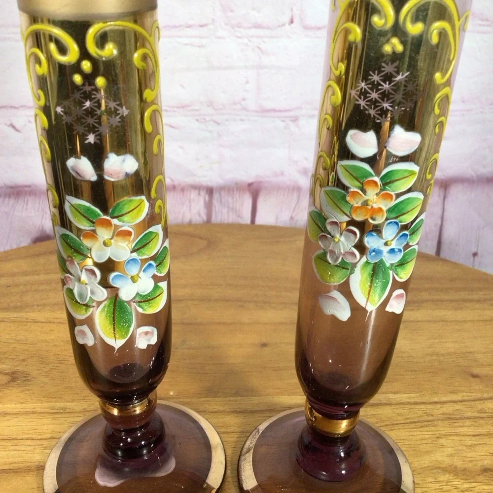 Vintage Norcrest Purple Amethyst Hand Painted Glass Vase Pair